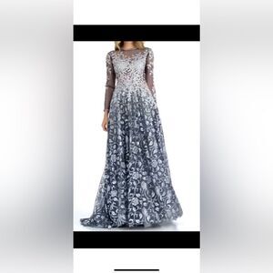 Mac Duggal Blue and White Floral Long Sleeve Gown